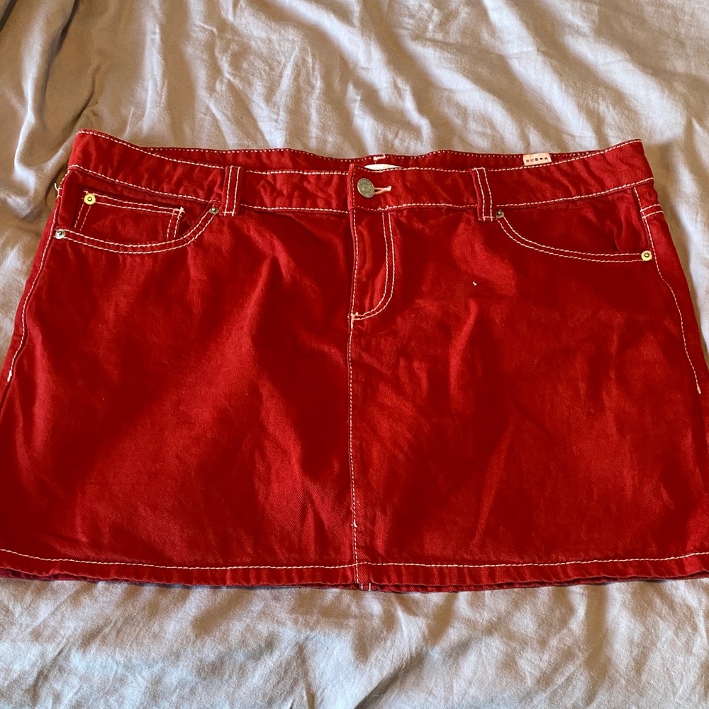 Garage Red Mini Skirt with White Contrast Stitching